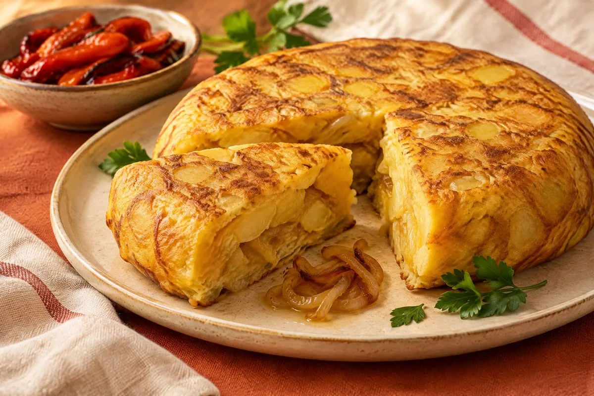Tortilla de patatas y cebolla caramelizada casera